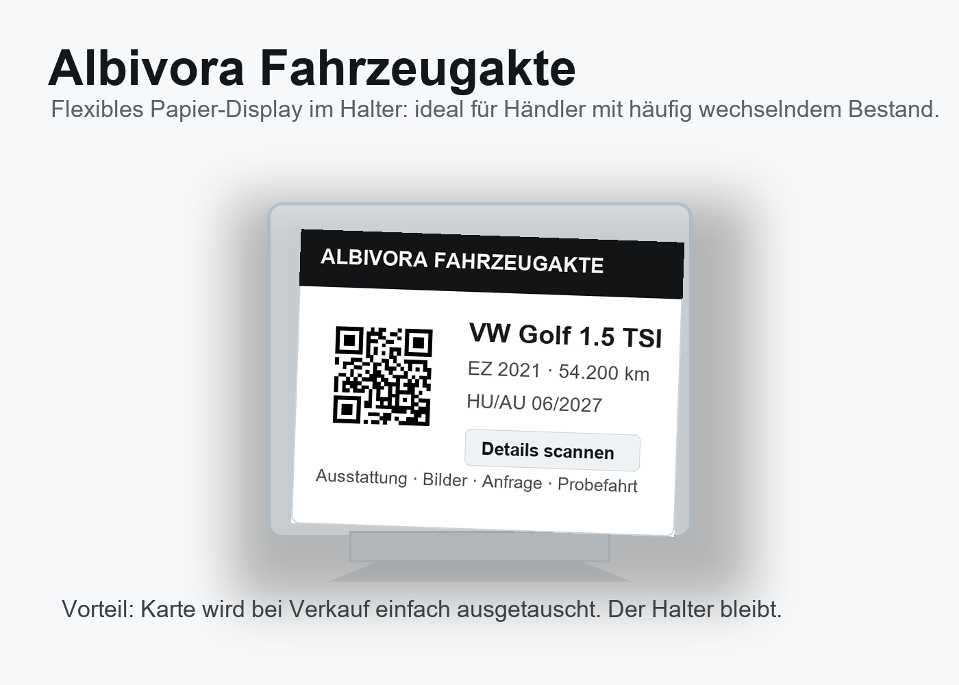 Musterbild einer Albivora Fahrzeugakte als flexibles QR-Display für Autohandel und Vermietung