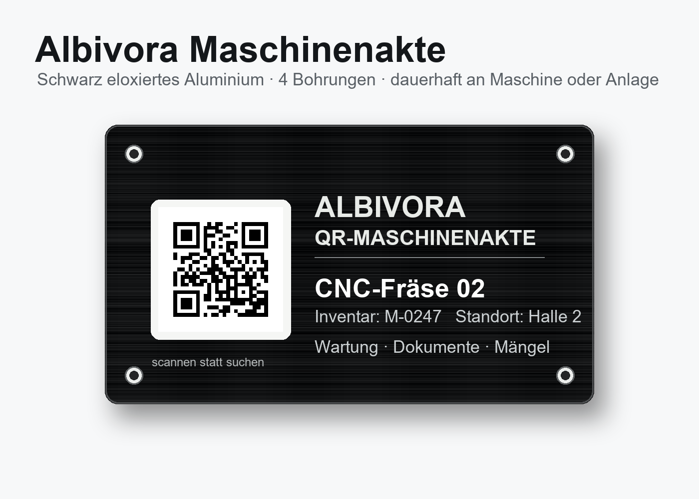 Musterbild eines QR-Schilds für eine Albivora Maschinenakte aus schwarz eloxiertem Aluminium