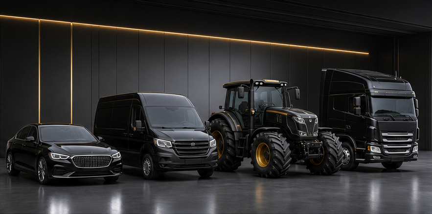 Auto, Transporter, Landmaschine und LKW als Beispiele für eine QR-Fahrzeugakte