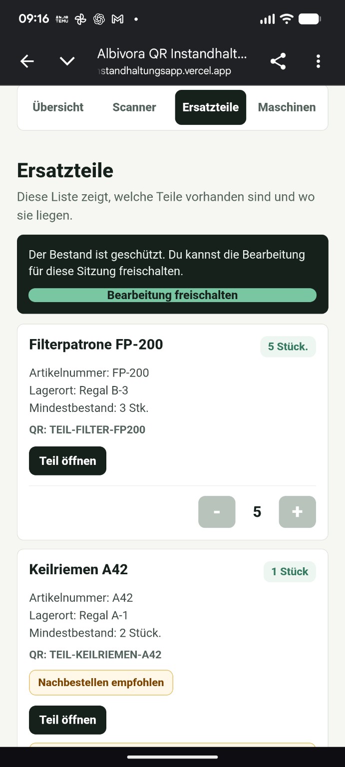 Ersatzteilverwaltung in der Albivora QR-Maschinenakte