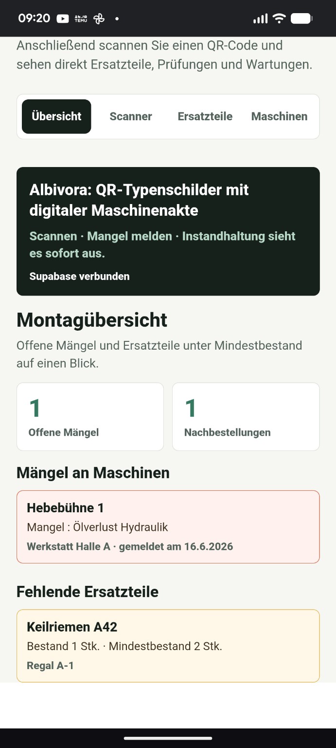 Mängelübersicht in der Albivora QR-Maschinenakte