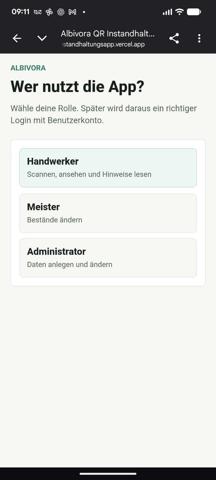Rollenwahl in der Albivora QR-Maschinenakte