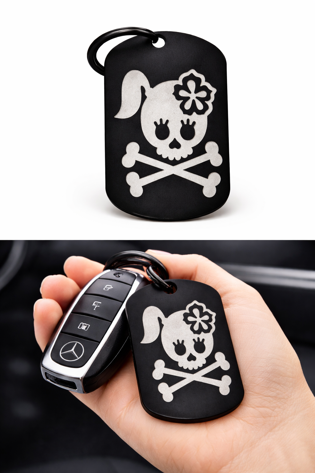 Individuell gravierter Schlüsselanhänger mit Skullgirl-Motiv