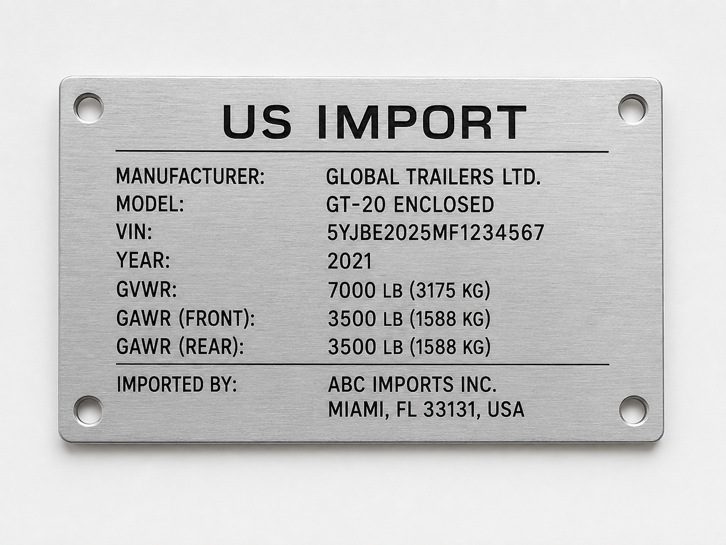 Graviertes US-Import und Fahrzeug-Typenschild mit VIN und Fahrzeugdaten